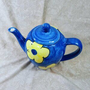 Vintage Handmade Mexican Folk Art 7.5" Teapot & Lid Blue & Yellow Floral SIGNED